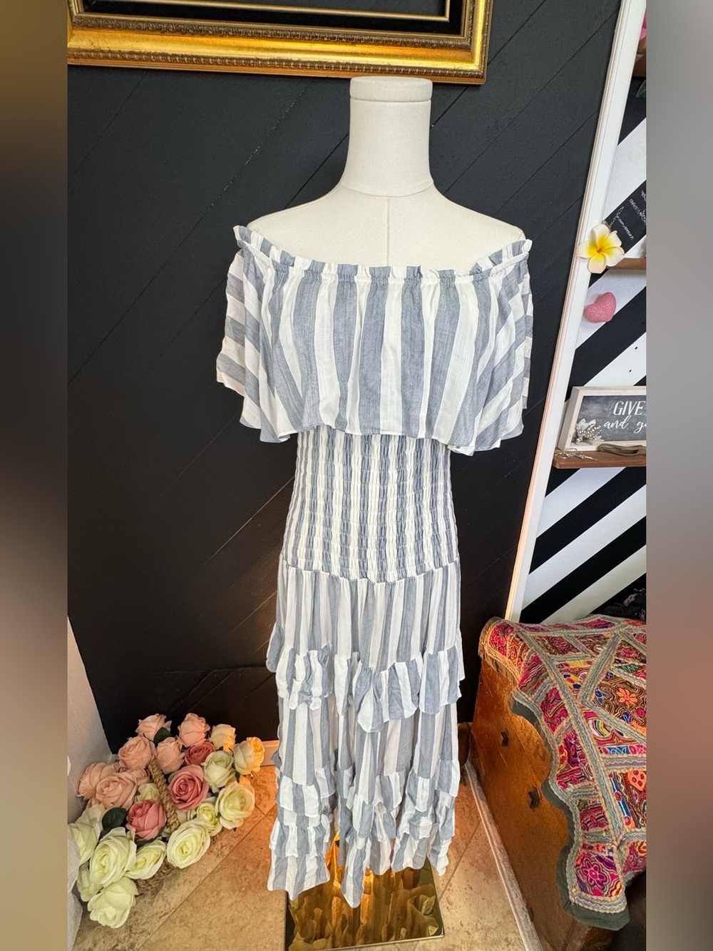 NWT Victoria’s Boutique Blue & White Striped Off-the-Shoulder Smocked Dress - Picture 14 of 14